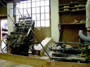 Fabrication of wooden clogs. Inside. Fabrication of wooden clogs. Inside.