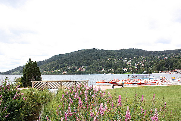 Red pedal boats and little wooden bridge. Gerardmer.