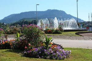 Verkehrsinsel mit Blumen und Springbrunnen.